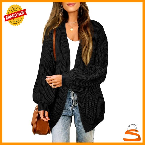 Sweaters - Chunky Knit Cardigan Oversized Lantern Sleeve Open Front Sweater with Pockets